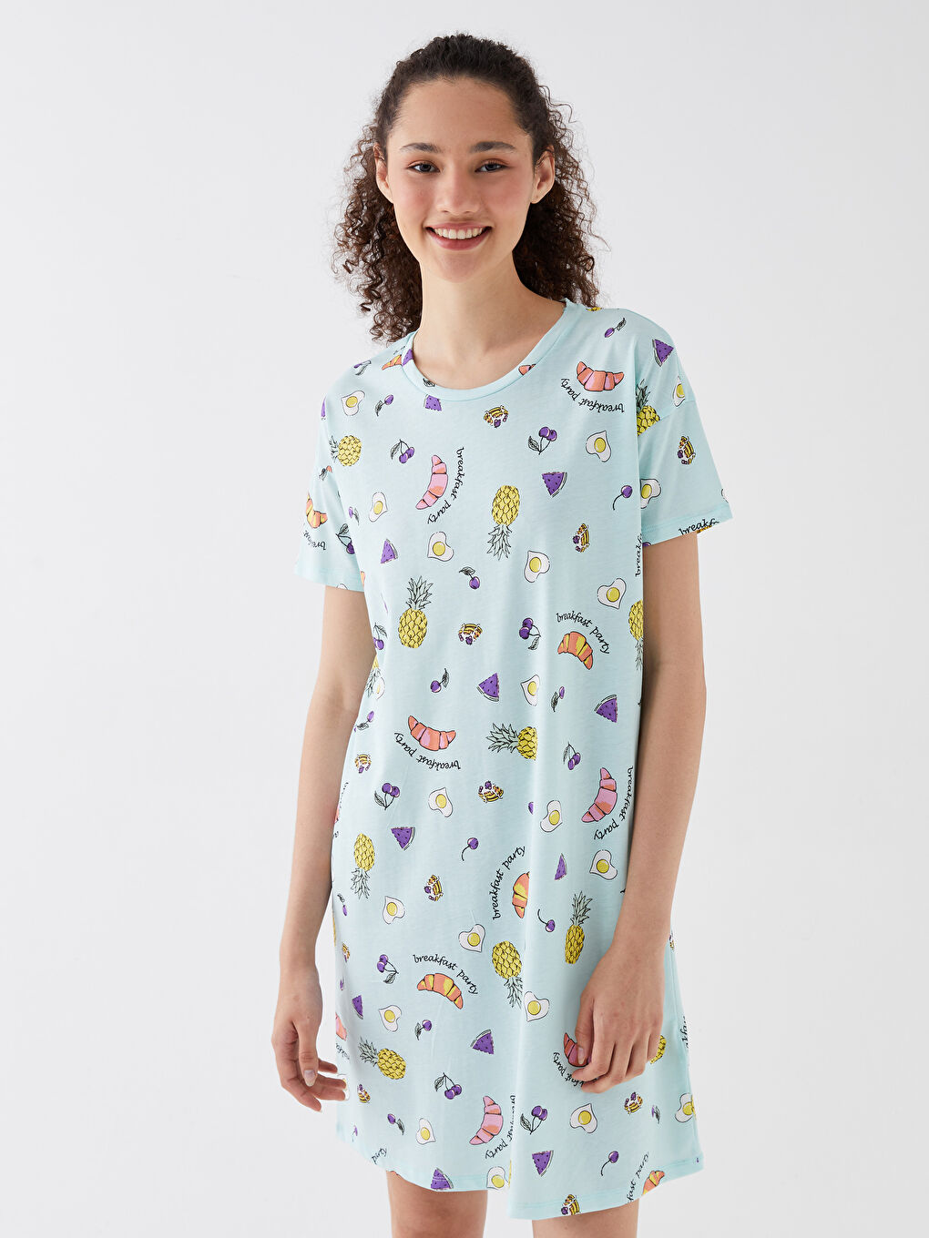 Crew Neck Patterned Short Sleeve Women's Nightdress -S3JU88Z8-LU5