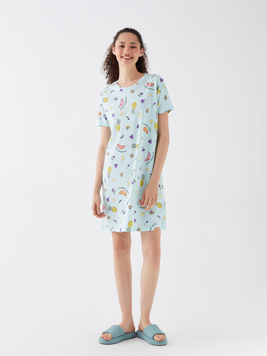 Crew Neck Patterned Short Sleeve Women's Nightdress -S3JU88Z8-LU5