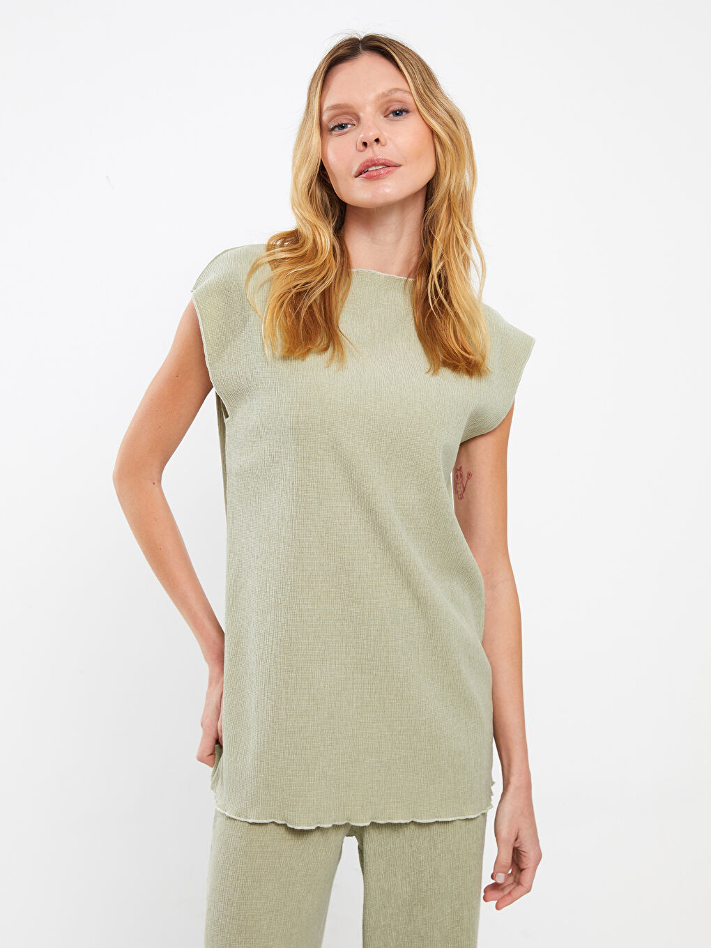 Yeşil Kadın Bisiklet Yaka Düz Bluz