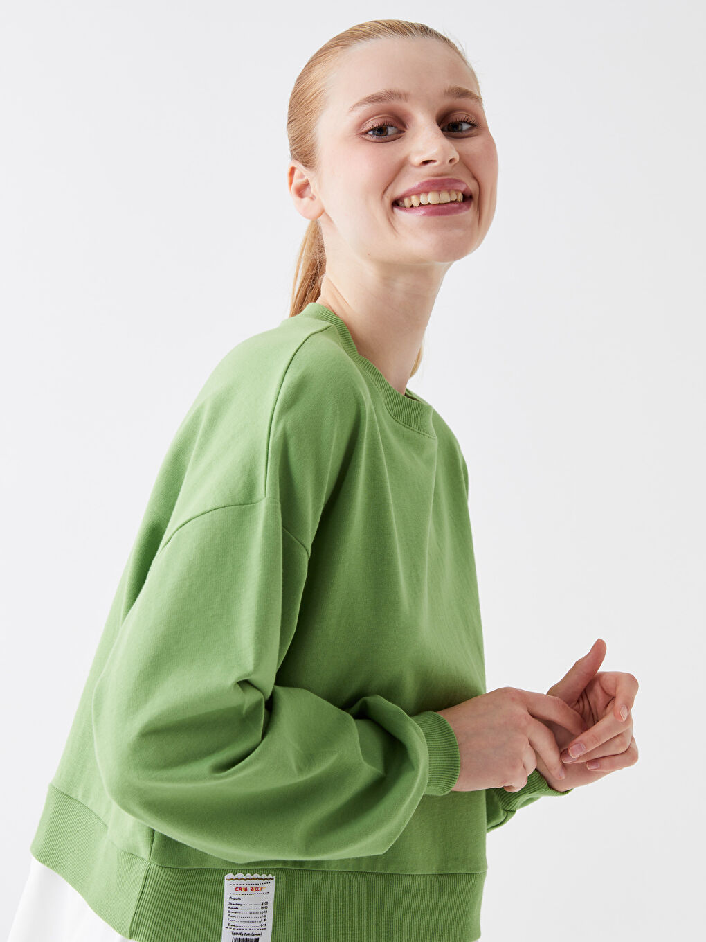 Yeşil Bisiklet Yaka Düz Uzun Kollu Oversize Kadın Tunik