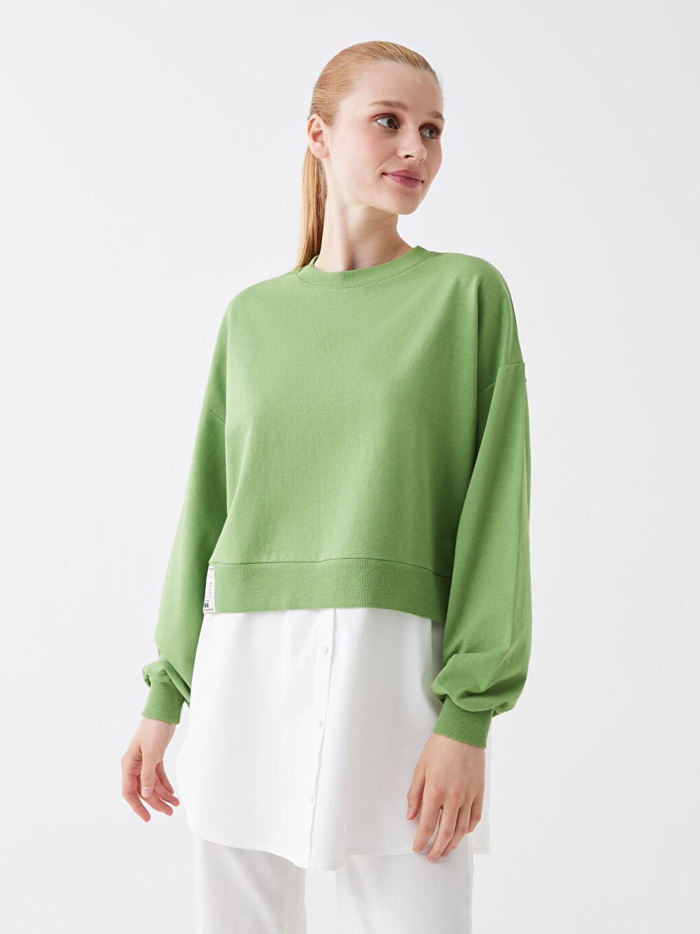 Yeşil Bisiklet Yaka Düz Uzun Kollu Oversize Kadın Tunik-1