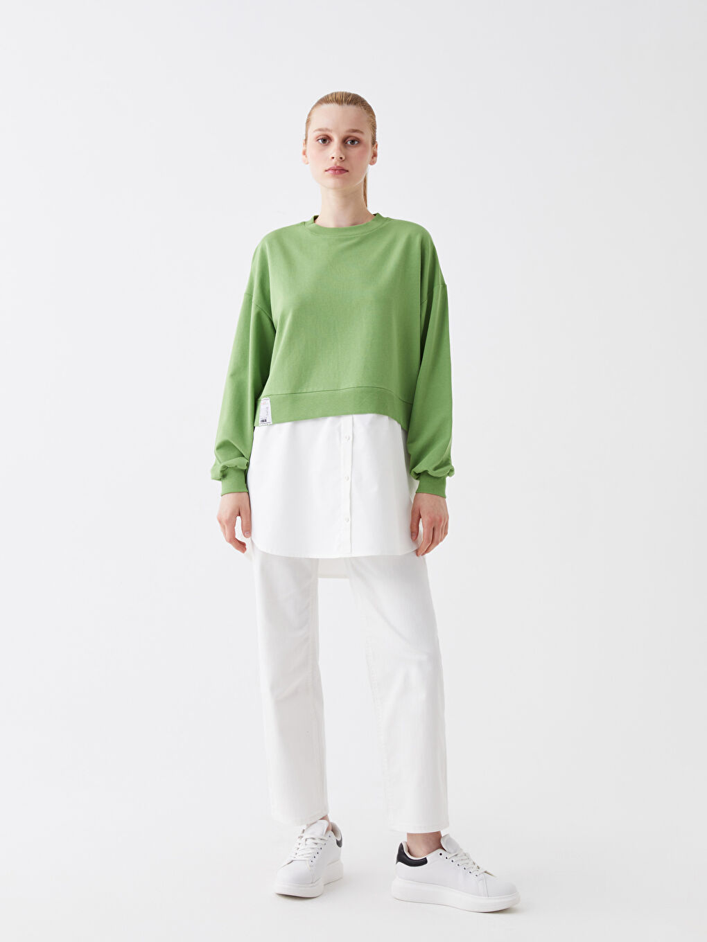 Yeşil Bisiklet Yaka Düz Uzun Kollu Oversize Kadın Tunik-2