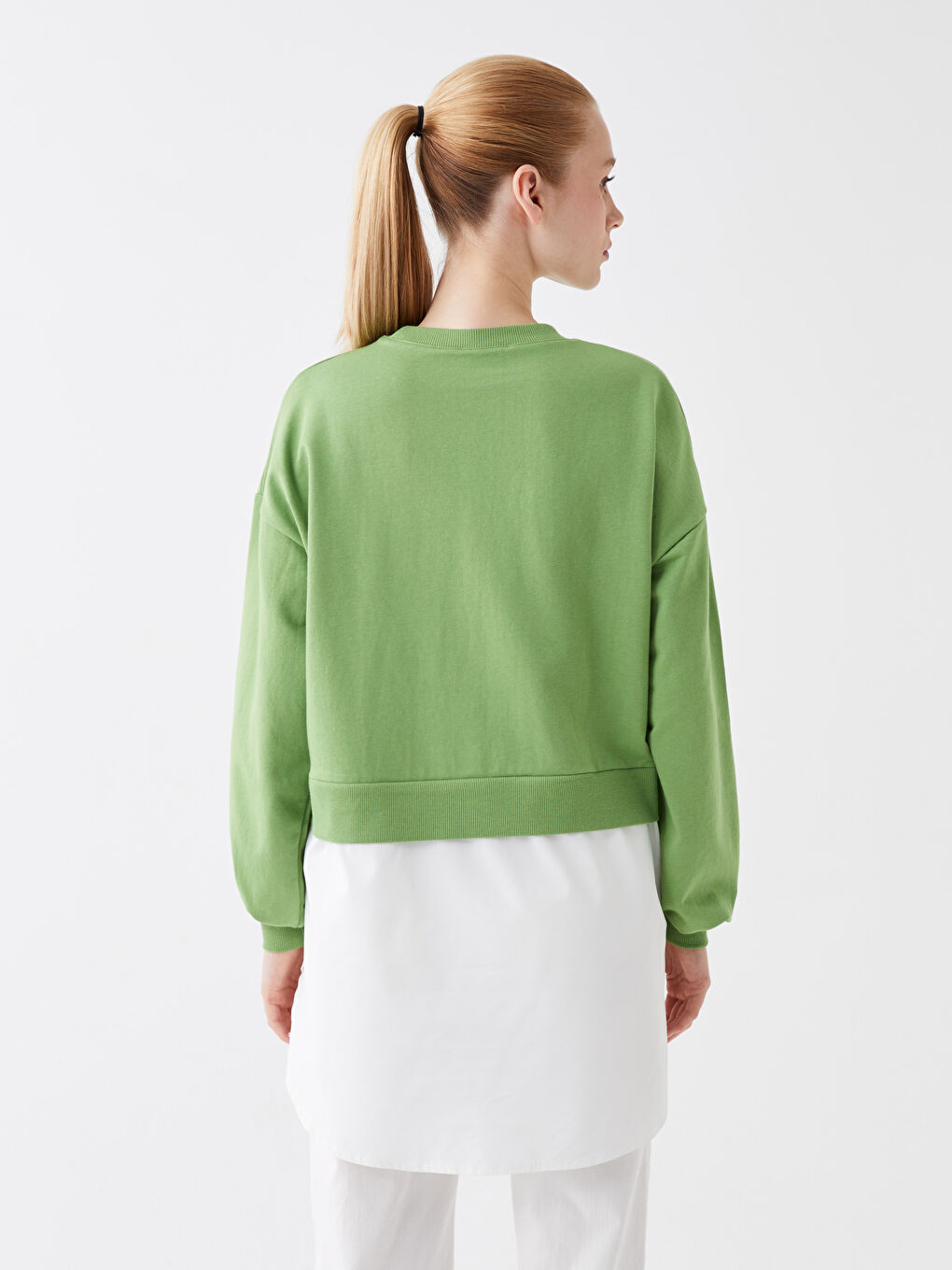 Yeşil Bisiklet Yaka Düz Uzun Kollu Oversize Kadın Tunik-4