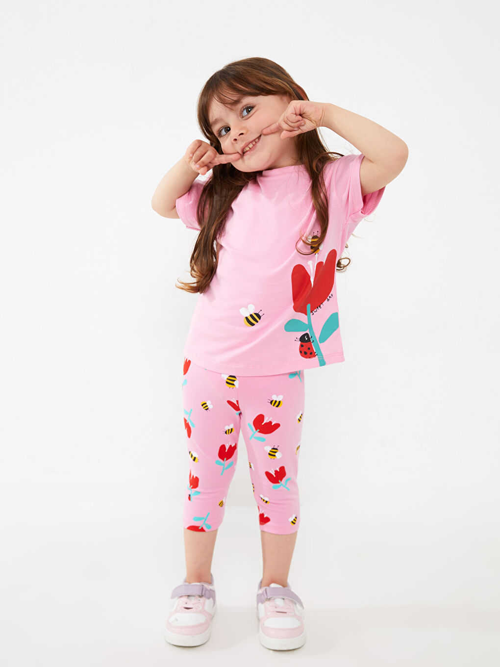 Pembe Bisiklet Yaka Kısa Kollu Kız Bebek Tişört ve 3/4 Boy Tayt 2'li