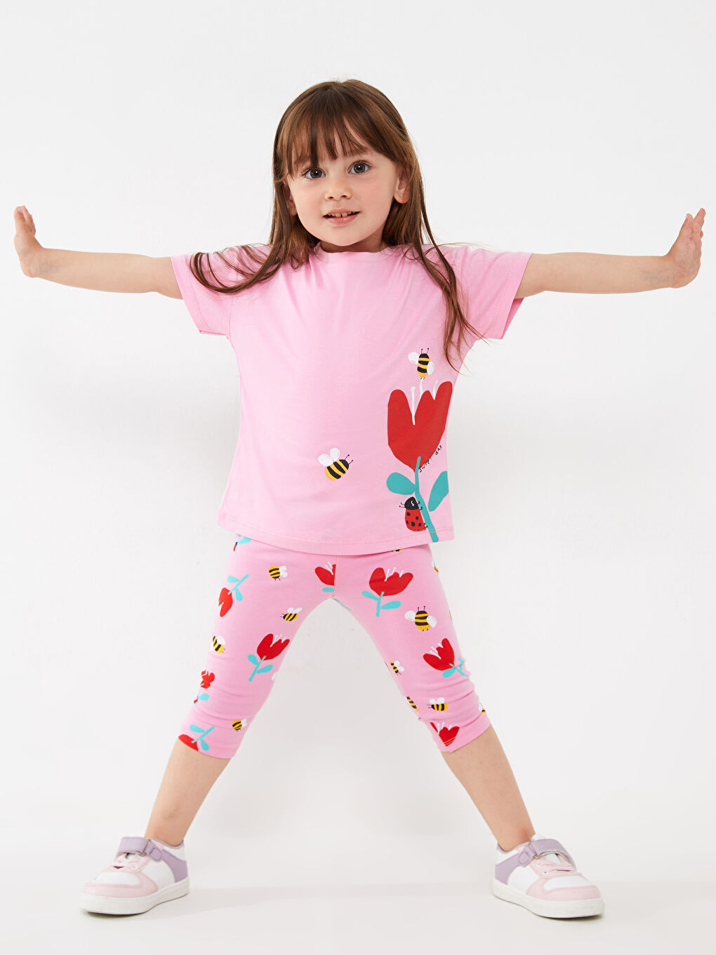 Pembe Bisiklet Yaka Kısa Kollu Kız Bebek Tişört ve 3/4 Boy Tayt 2'li-1