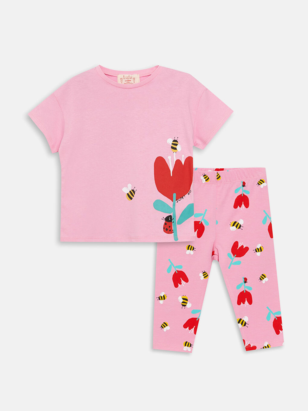 Pembe Bisiklet Yaka Kısa Kollu Kız Bebek Tişört ve 3/4 Boy Tayt 2'li-2