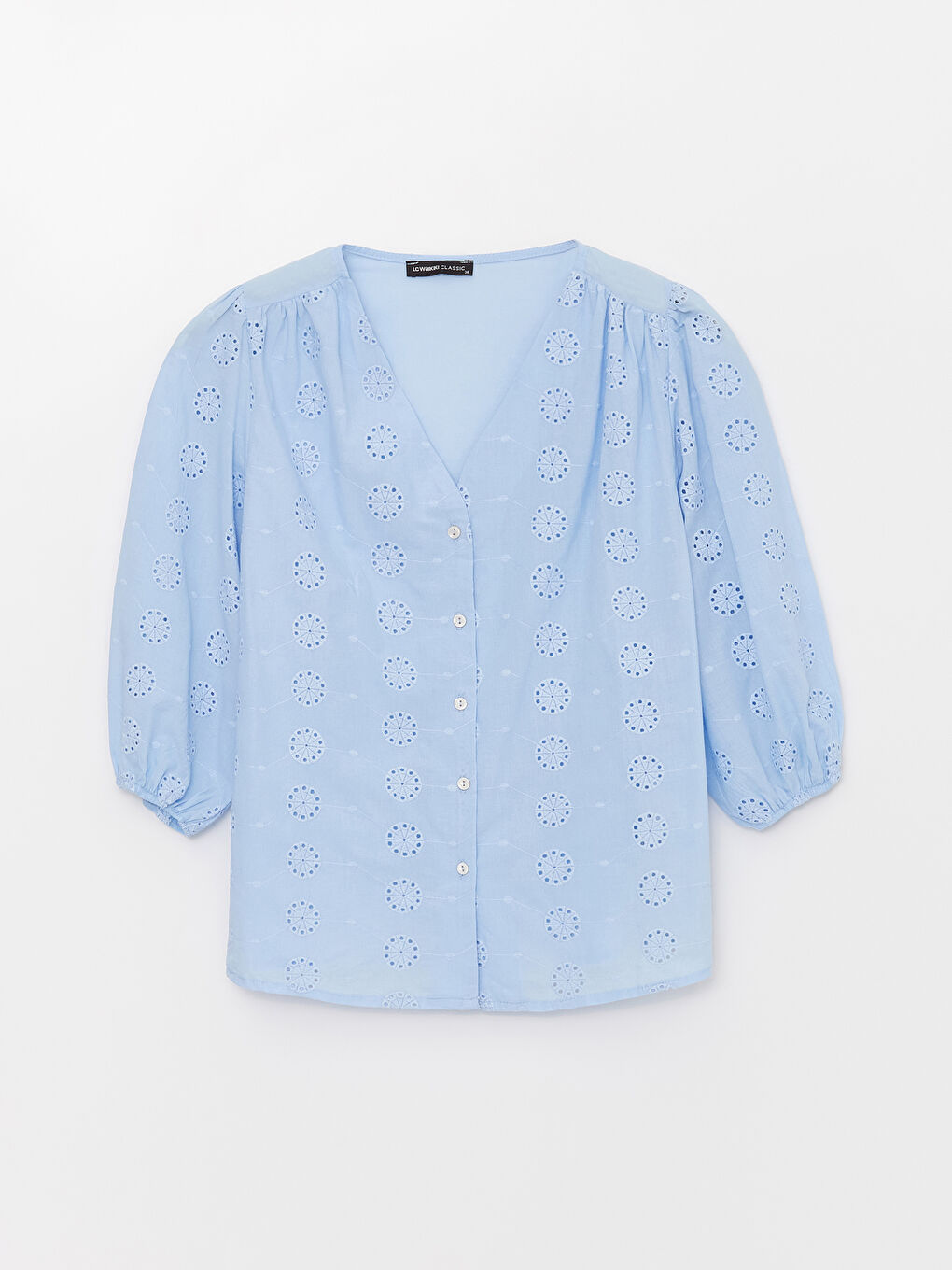 Mavi V Yaka Kendinden Desenli Kadın Bluz-5