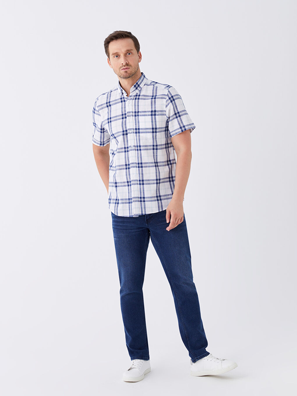 Cămașă pentru Bărbați cu Mânecă Scurtă, Croială Regulară, Model Carouri-2