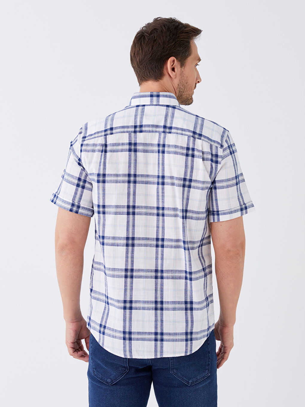 Cămașă pentru Bărbați cu Mânecă Scurtă, Croială Regulară, Model Carouri-4