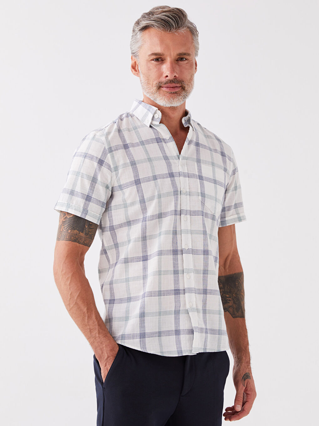 Рубашка Мужская Клетчатая Стандартного Кроя С Коротким Рукавом-1