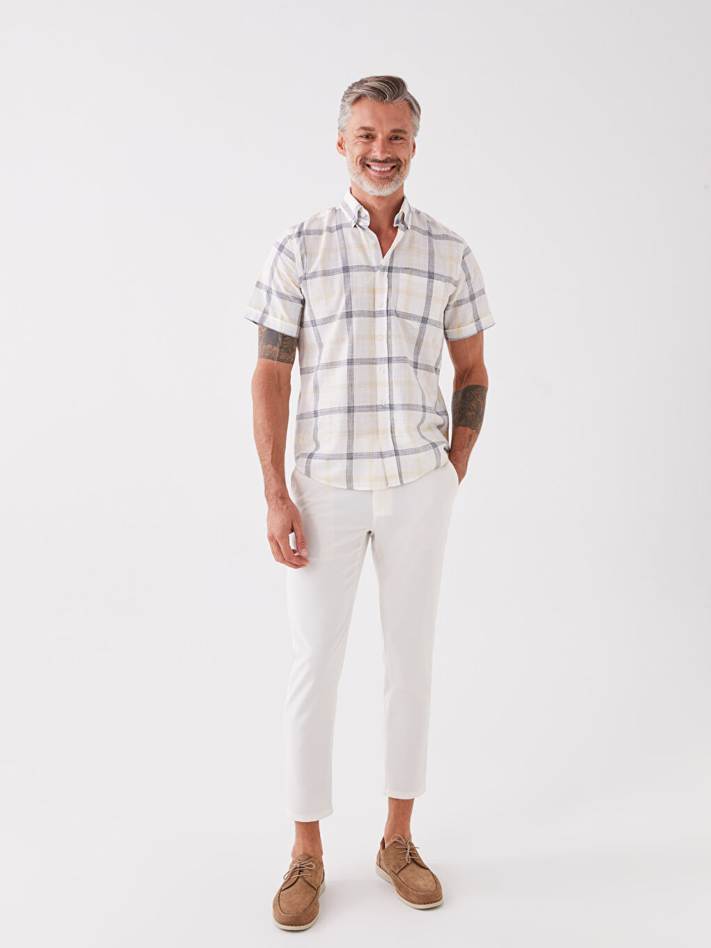 Cămașă pentru Bărbați cu Mânecă Scurtă, Croială Regulară, Model Carouri-2