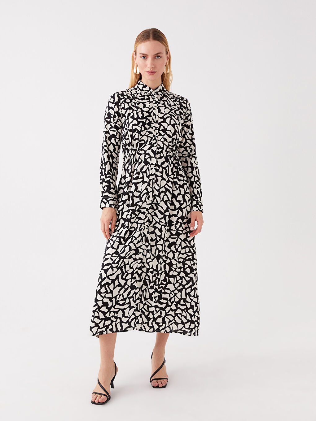 Siyah Desenli Uzun Kollu Kadın Gömlek Elbise