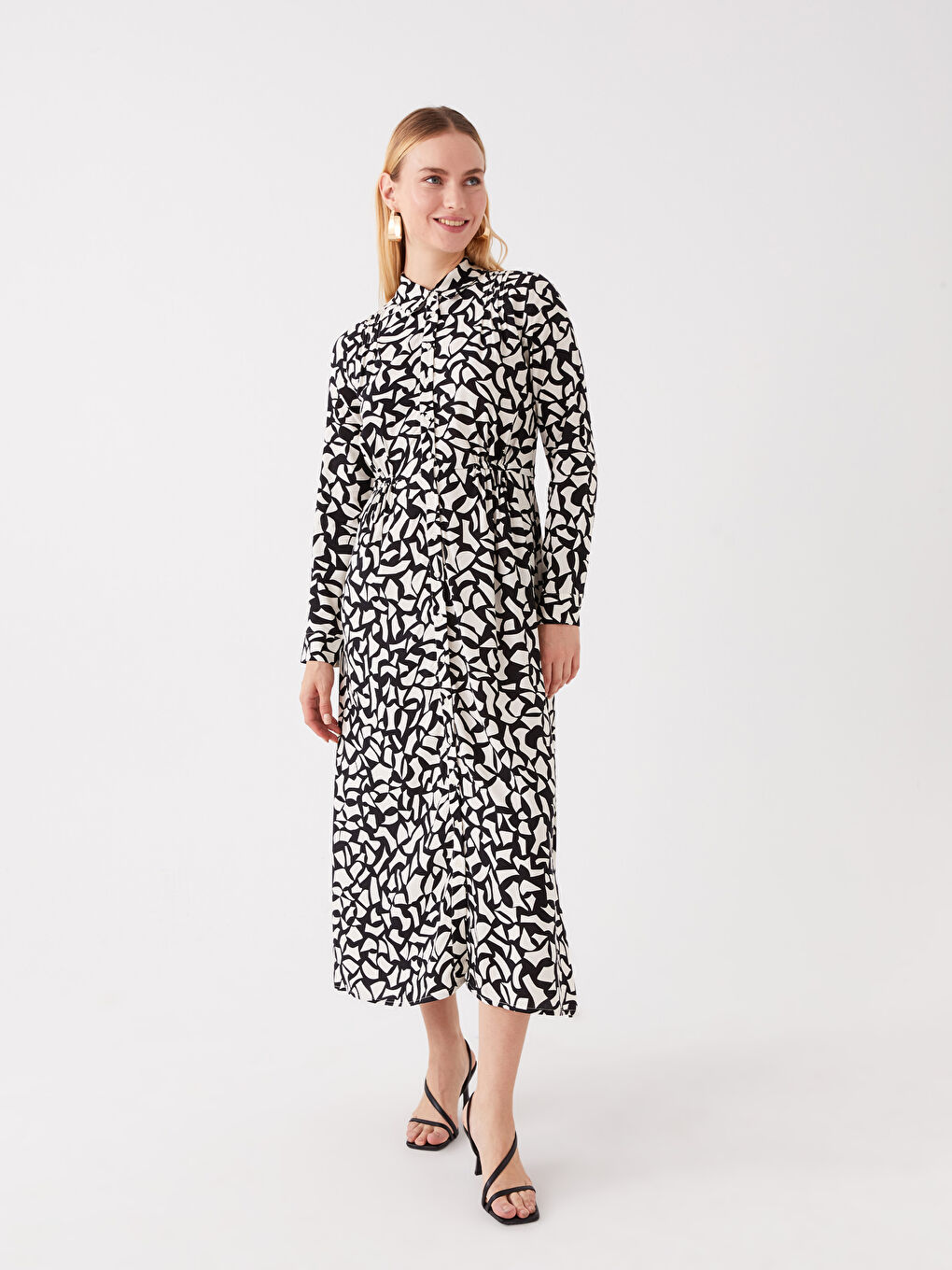 Siyah Desenli Uzun Kollu Kadın Gömlek Elbise-1