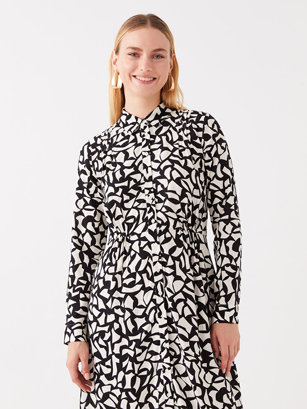 Siyah Desenli Uzun Kollu Kadın Gömlek Elbise-2