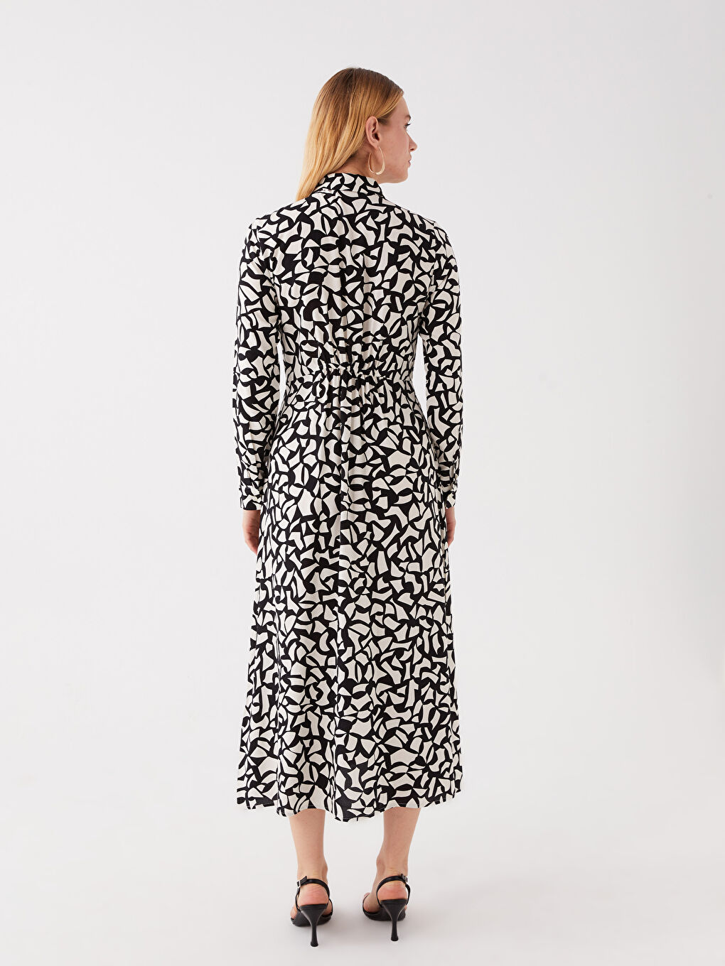 Siyah Desenli Uzun Kollu Kadın Gömlek Elbise-4