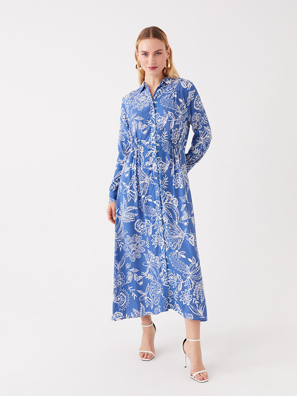 Mavi Desenli Uzun Kollu Kadın Gömlek Elbise