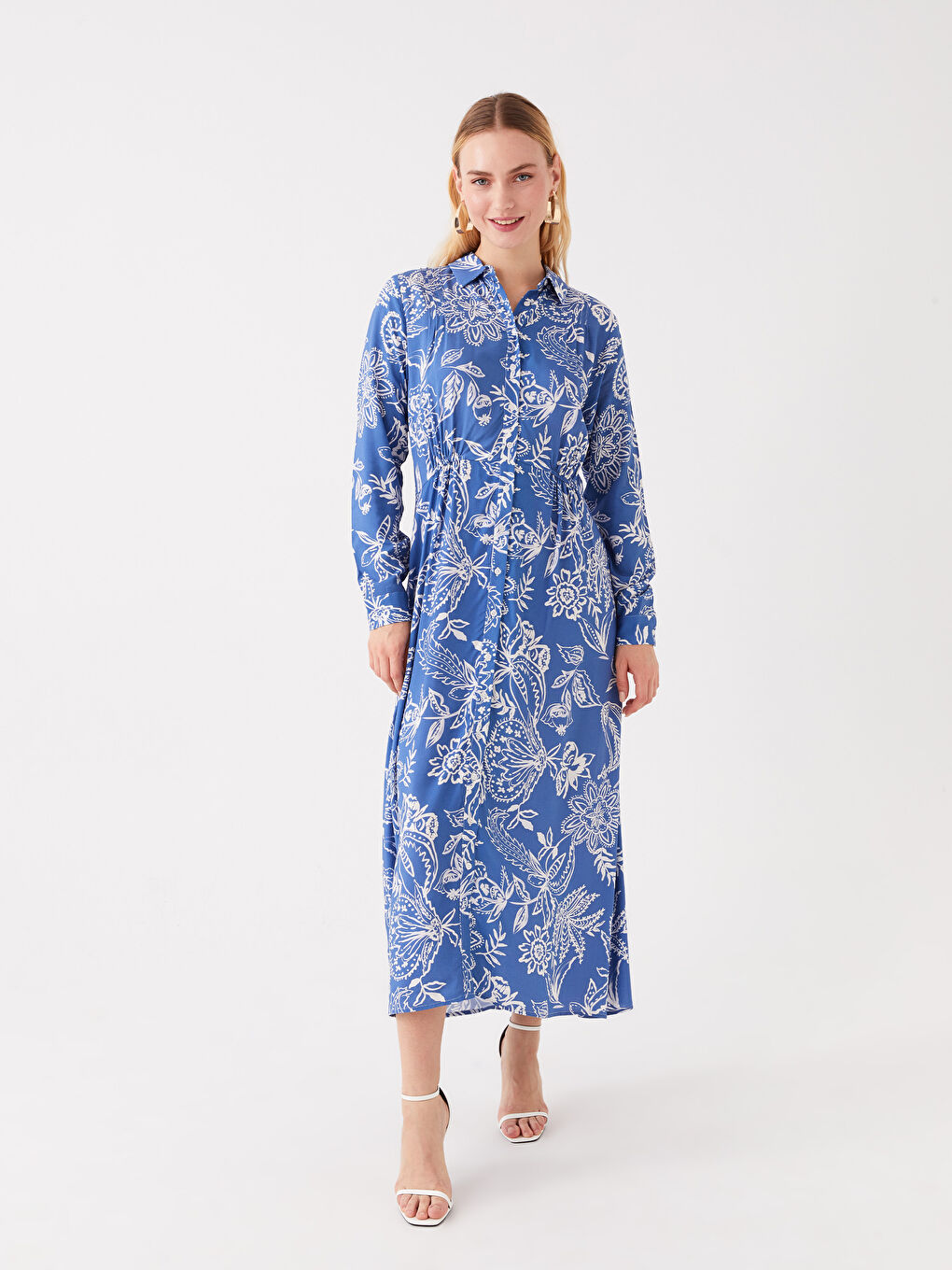 Mavi Desenli Uzun Kollu Kadın Gömlek Elbise-1