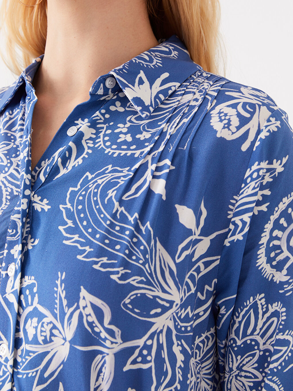 Mavi Desenli Uzun Kollu Kadın Gömlek Elbise-3