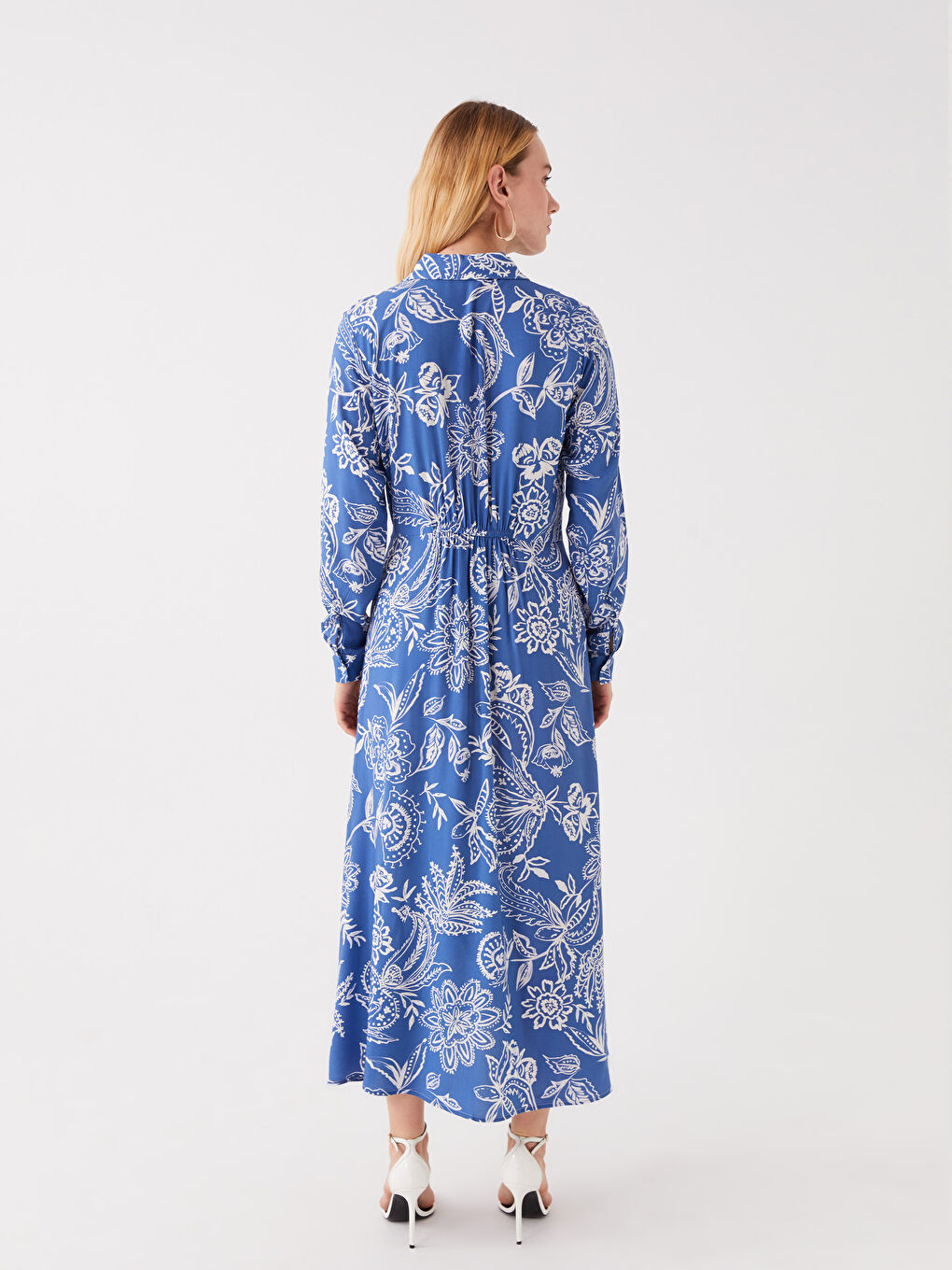 Mavi Desenli Uzun Kollu Kadın Gömlek Elbise-4