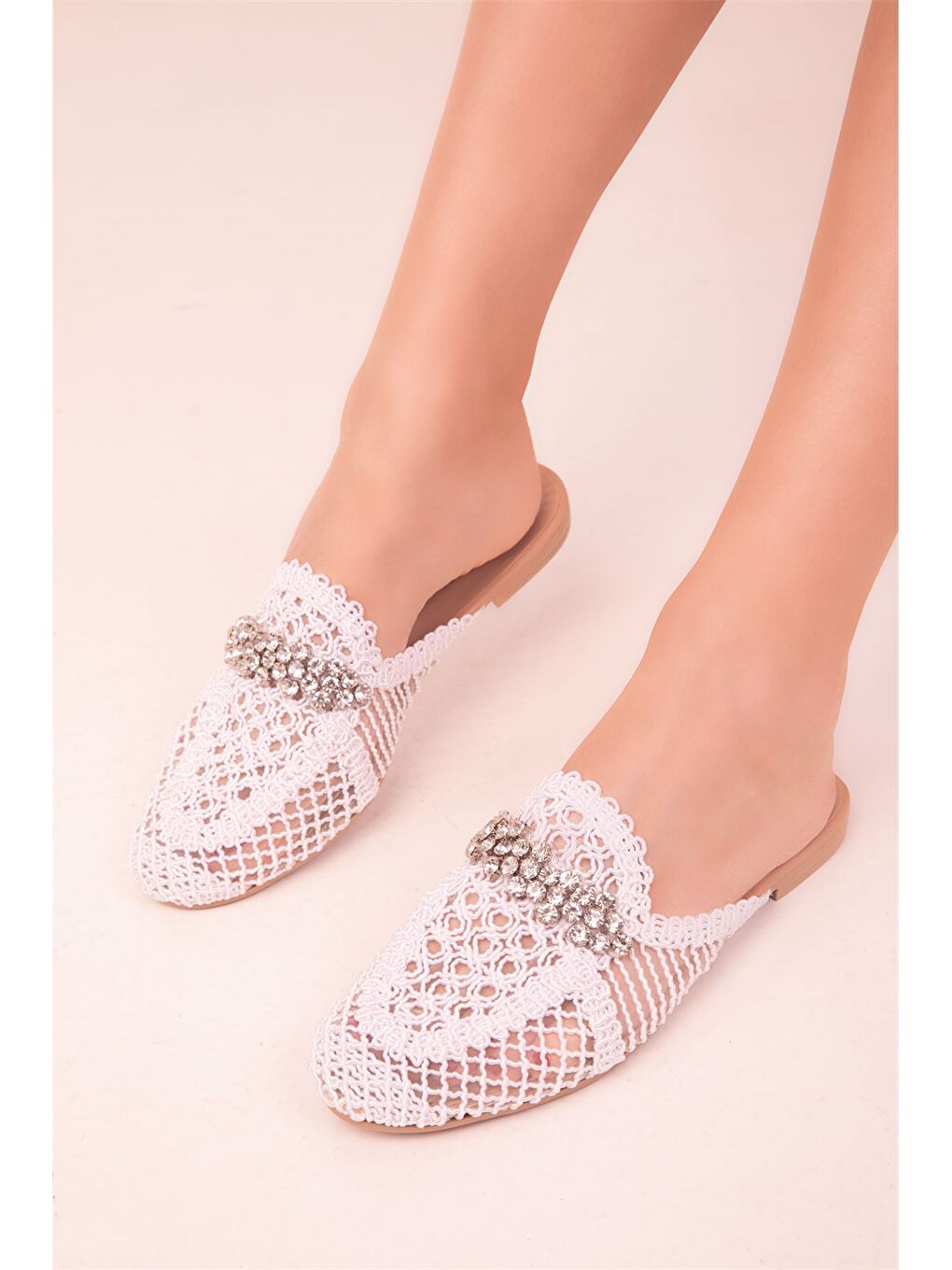 Beyaz Taş Detaylı Kadın Terlik-2