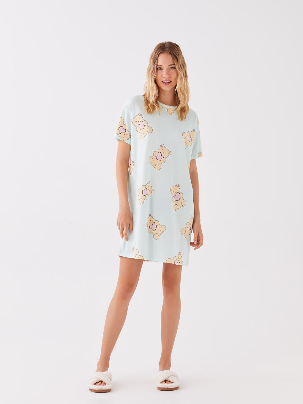Crew Neck Patterned Short Sleeve Women's Nightgown -S3JY49Z8-LRL