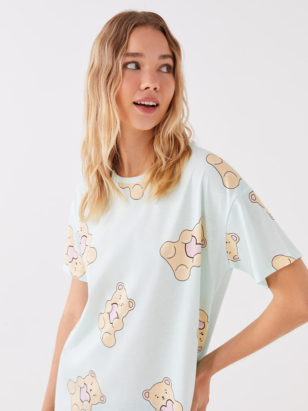 Crew Neck Patterned Short Sleeve Women's Nightgown -S3JY49Z8-LRL