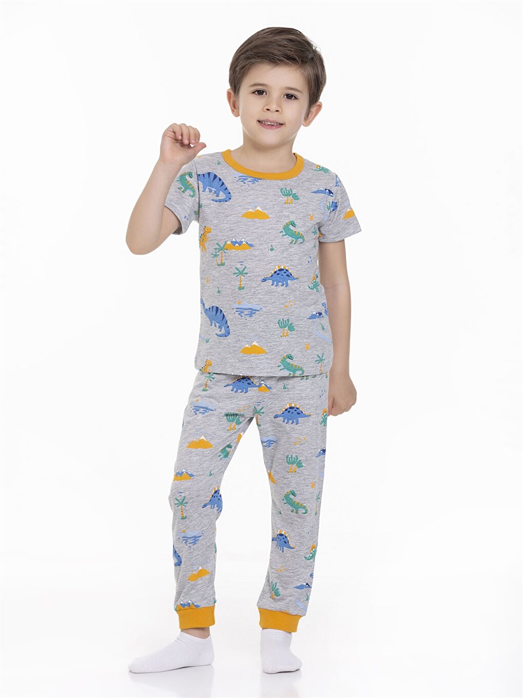 Gri Bisiklet Yaka Kısa Kollu Erkek Bebek Pijama Takımı