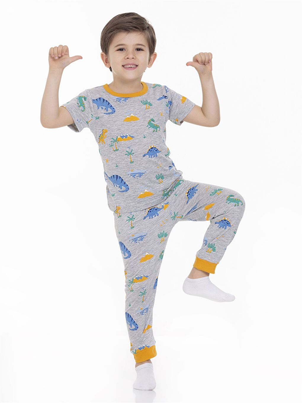 Gri Bisiklet Yaka Kısa Kollu Erkek Bebek Pijama Takımı-2