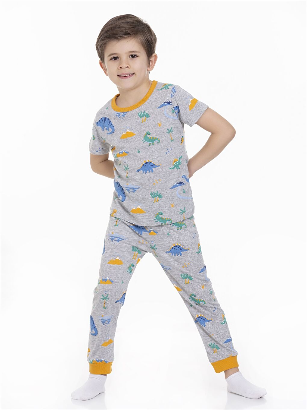 Gri Bisiklet Yaka Kısa Kollu Erkek Bebek Pijama Takımı-3