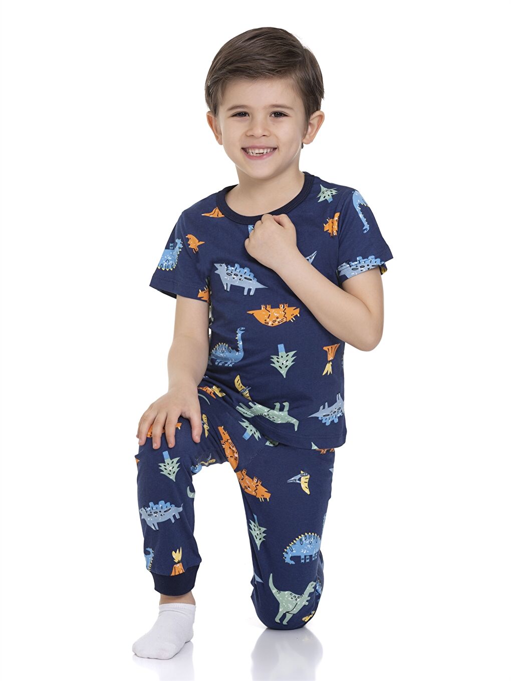 Lacivert Bisiklet Yaka Kısa Kollu Erkek Bebek Pijama Takımı-1