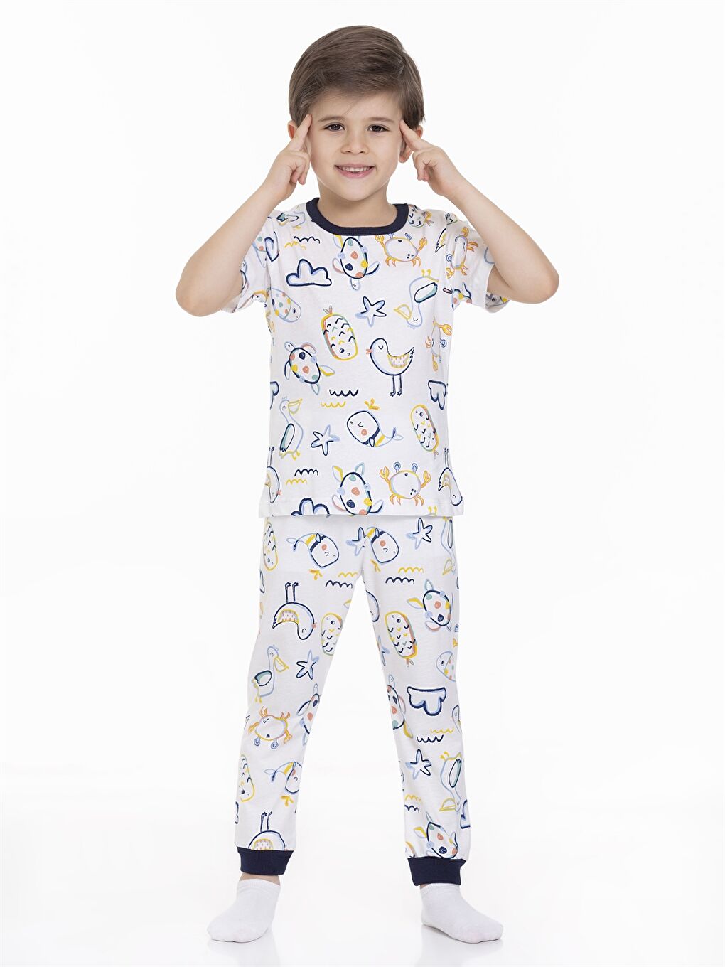 Beyaz Bisiklet Yaka Kısa Kollu Erkek Bebek Pijama Takımı-1