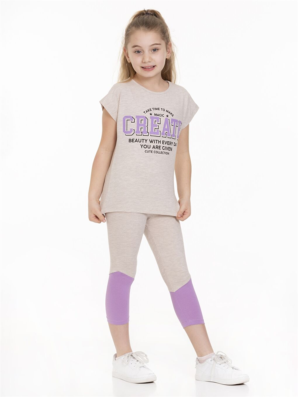 Bej Bisiklet Yaka Baskılı Kısa Kollu Kız Çocuk Tişört ve Tayt-2
