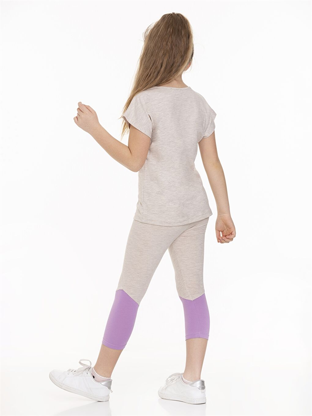 Bej Bisiklet Yaka Baskılı Kısa Kollu Kız Çocuk Tişört ve Tayt-3