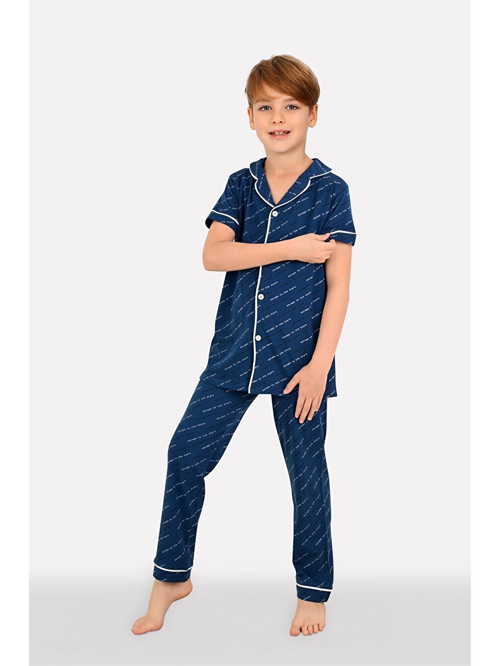 Vitmo İndigo Gömlek Yaka Kısa Kollu Erkek Çocuk Pijama Takımı