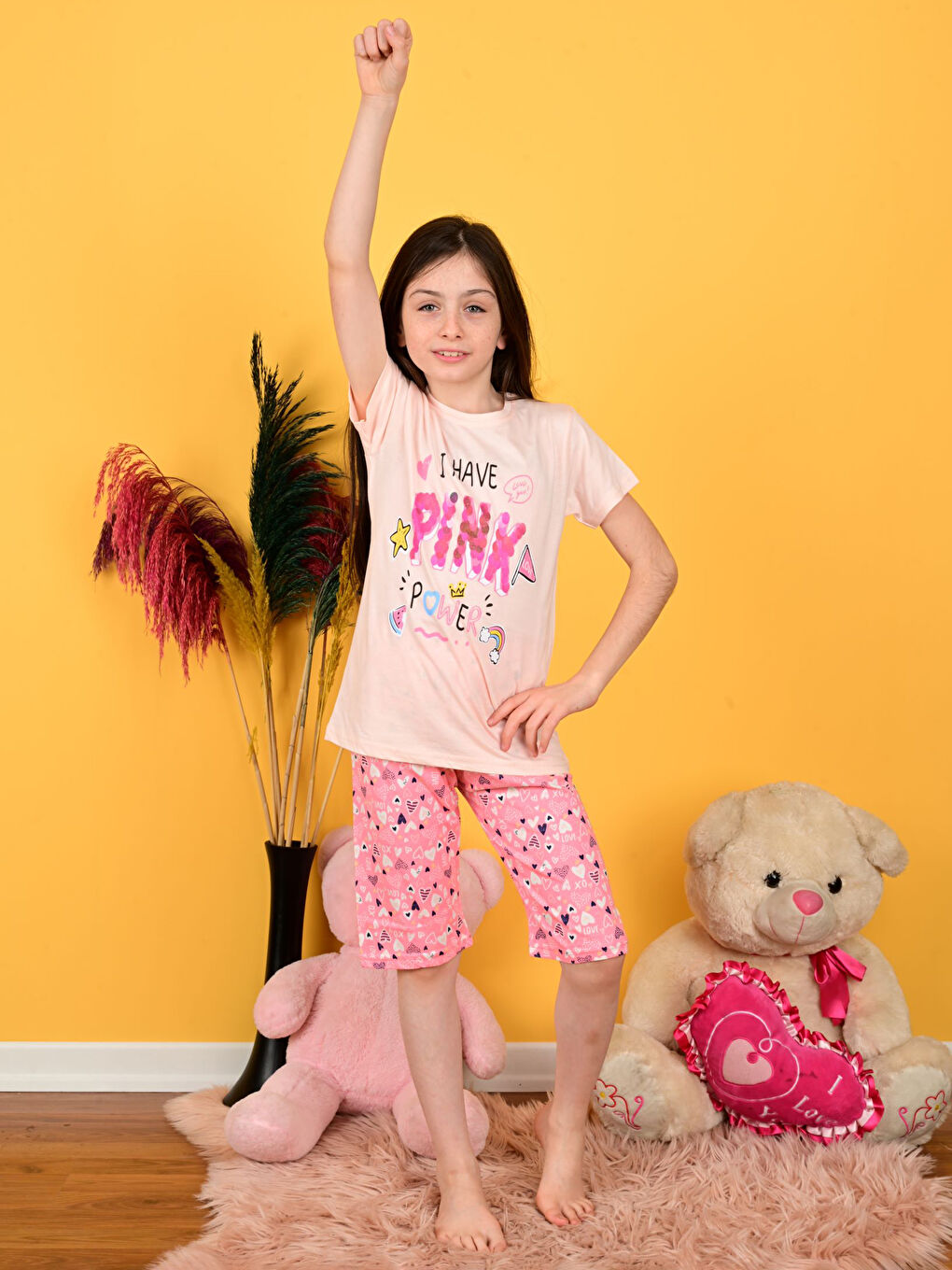 Turuncu Bisiklet Yaka Baskılı Kısa Kollu Kız Çocuk Şortlu Pijama Takımı