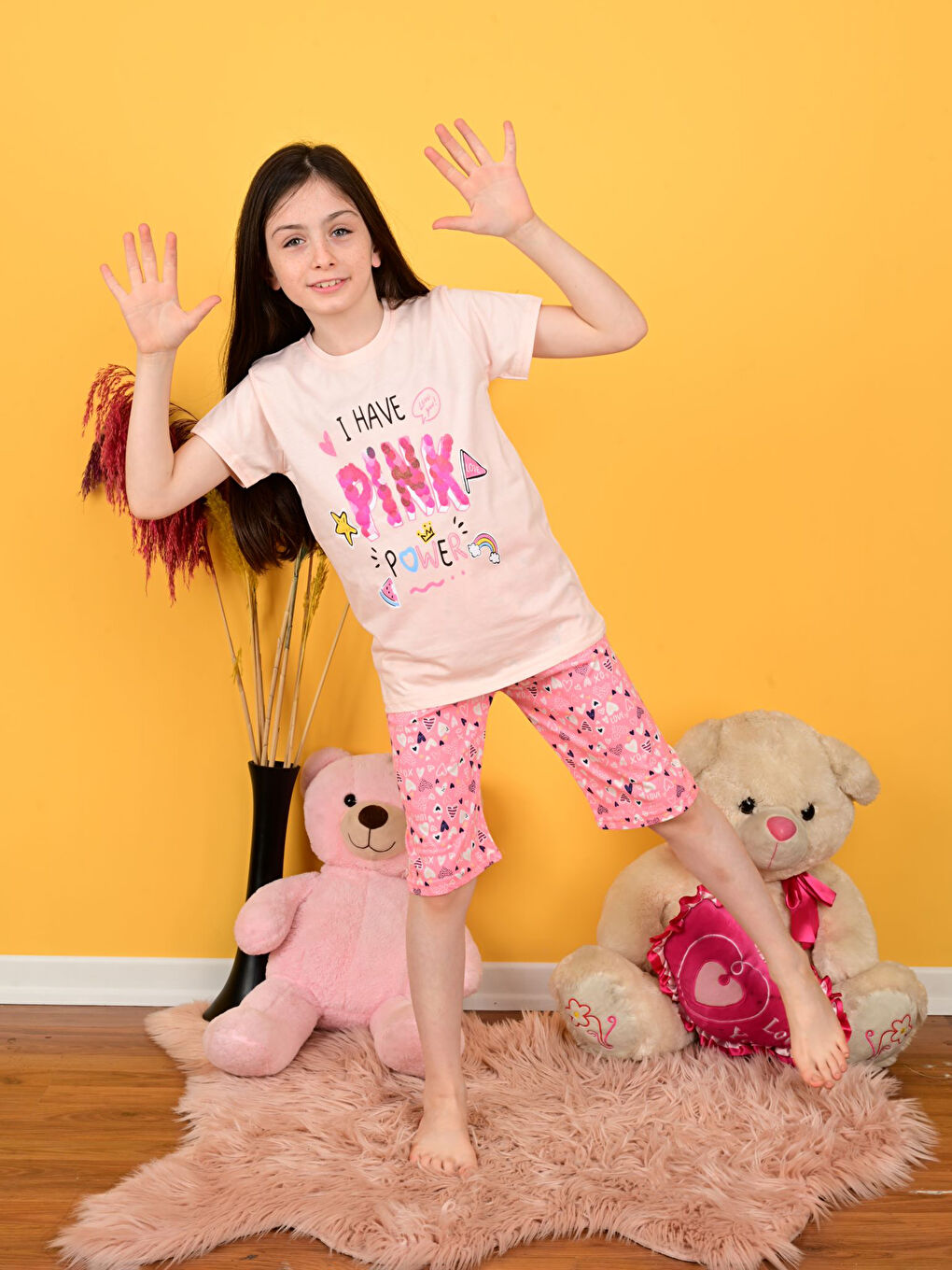 Turuncu Bisiklet Yaka Baskılı Kısa Kollu Kız Çocuk Şortlu Pijama Takımı-1