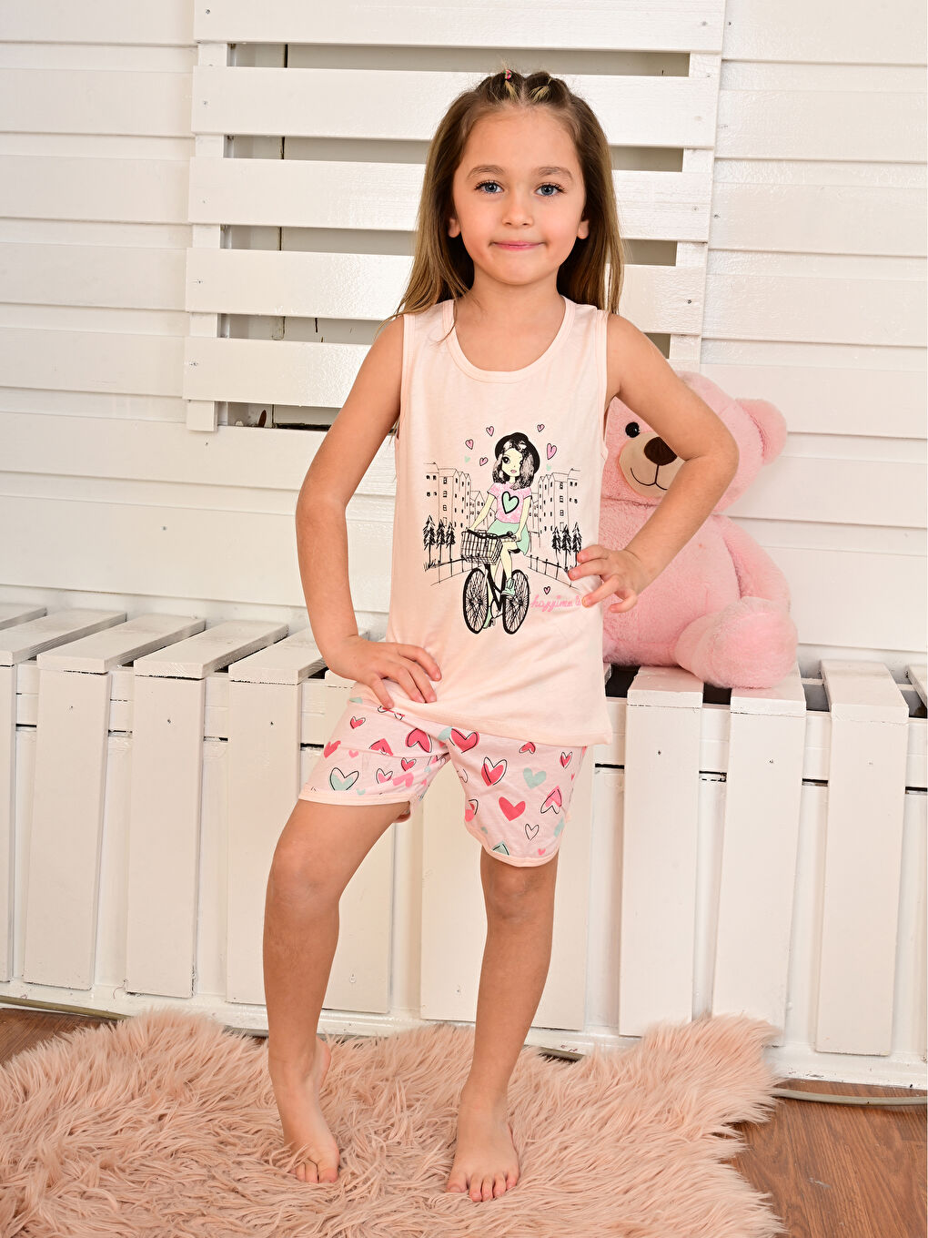 Turuncu Bisiklet Yaka Baskılı Kız Çocuk Şortlu Pijama Takımı