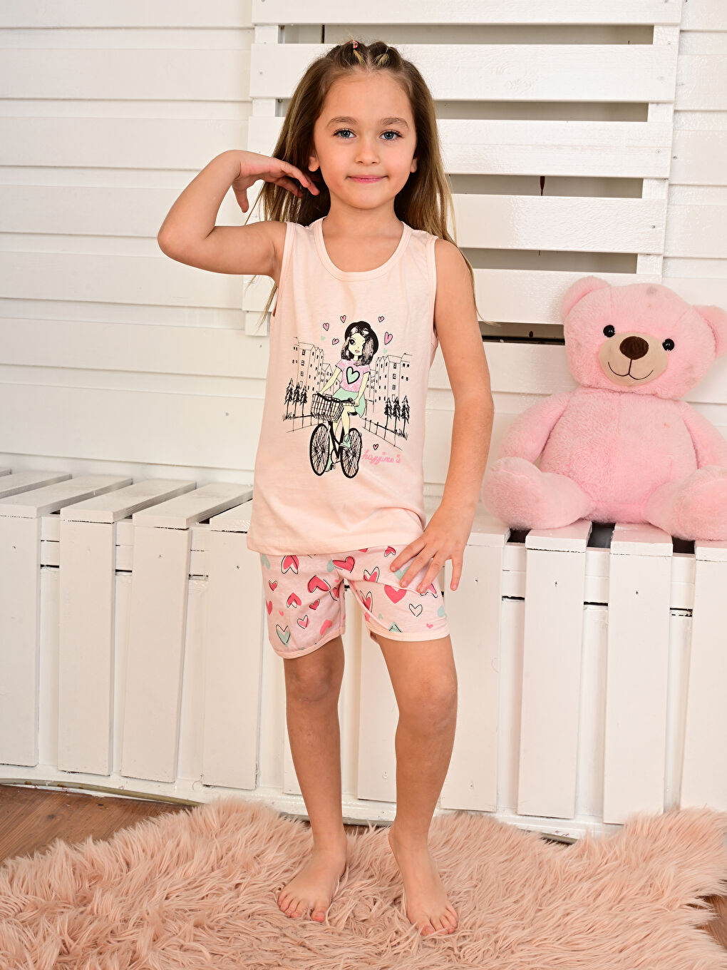 Turuncu Bisiklet Yaka Baskılı Kız Çocuk Şortlu Pijama Takımı-1