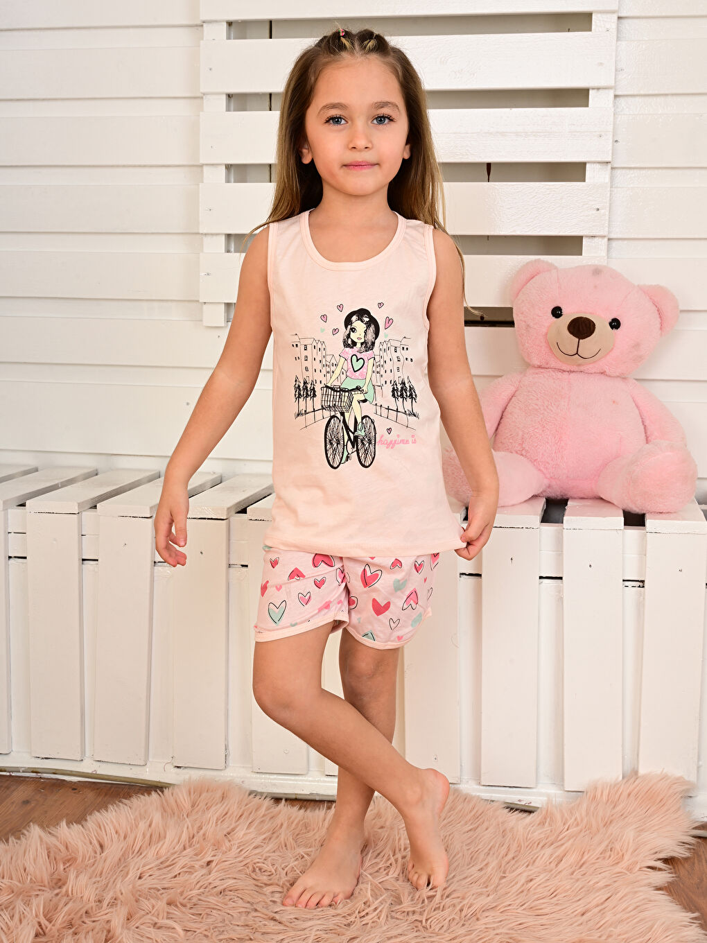 Turuncu Bisiklet Yaka Baskılı Kız Çocuk Şortlu Pijama Takımı-2