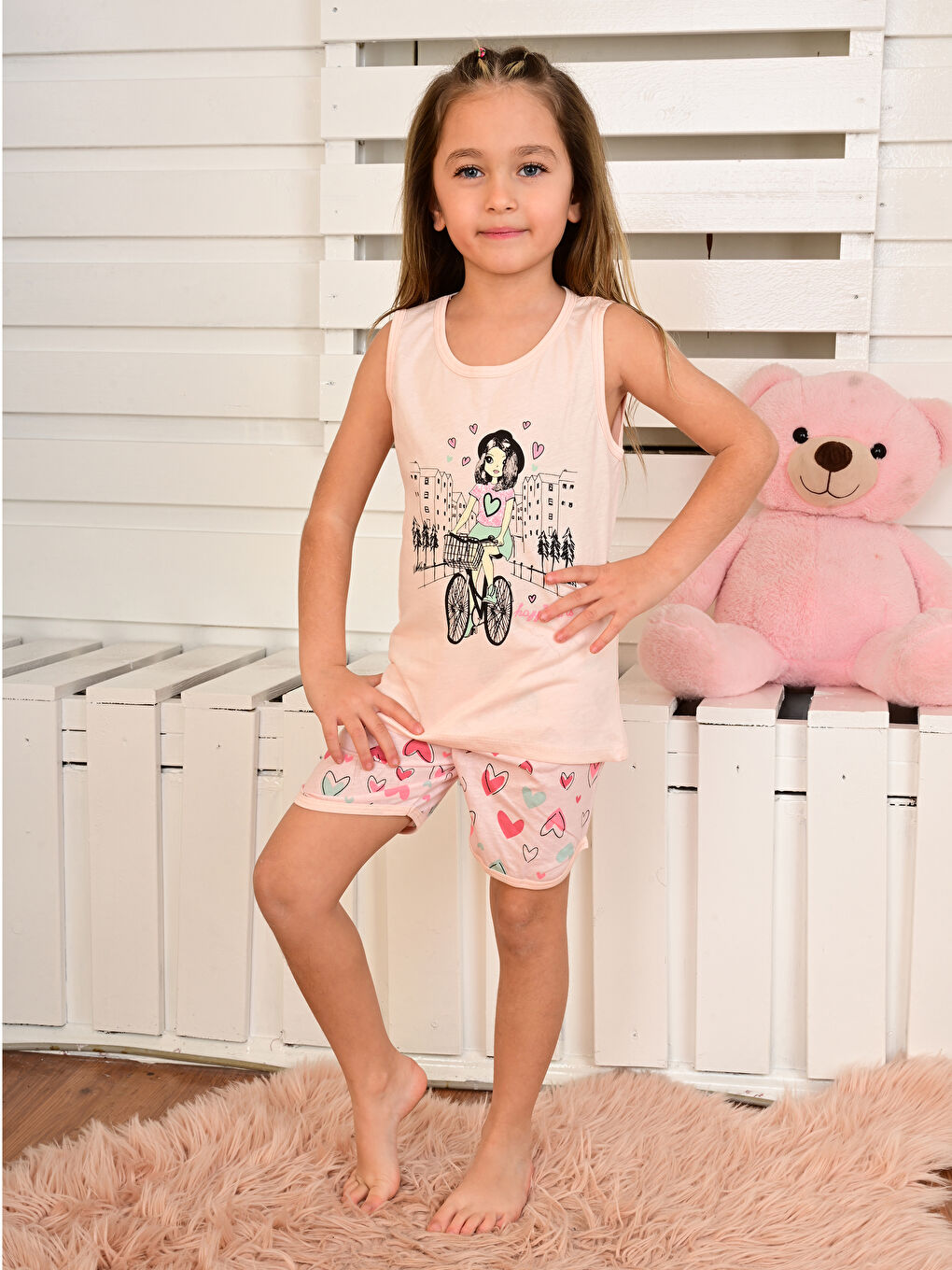Turuncu Bisiklet Yaka Baskılı Kız Çocuk Şortlu Pijama Takımı-3