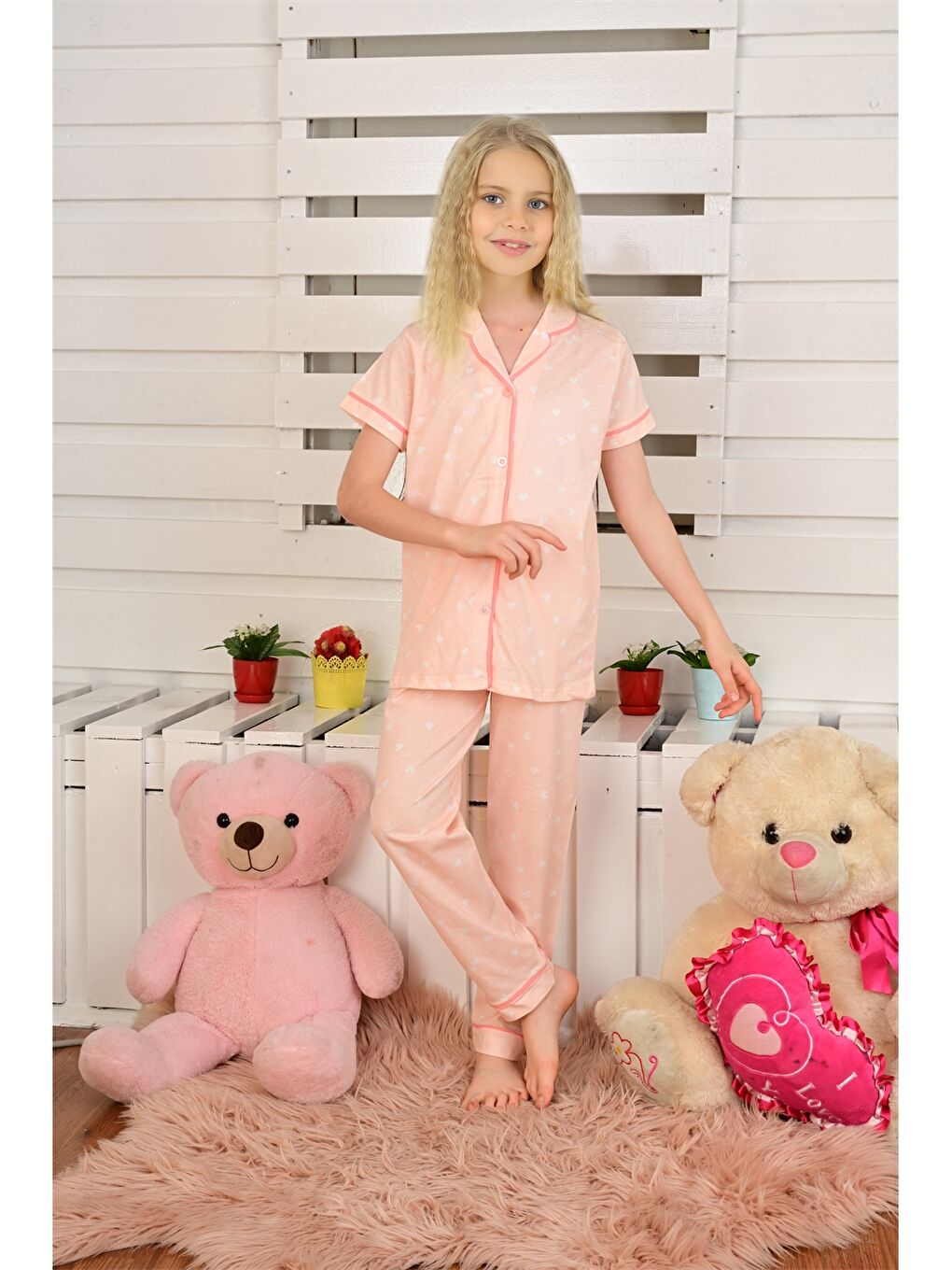 Turuncu Gömlek Yaka Kısa Kollu Kız Çocuk Pijama Takımı