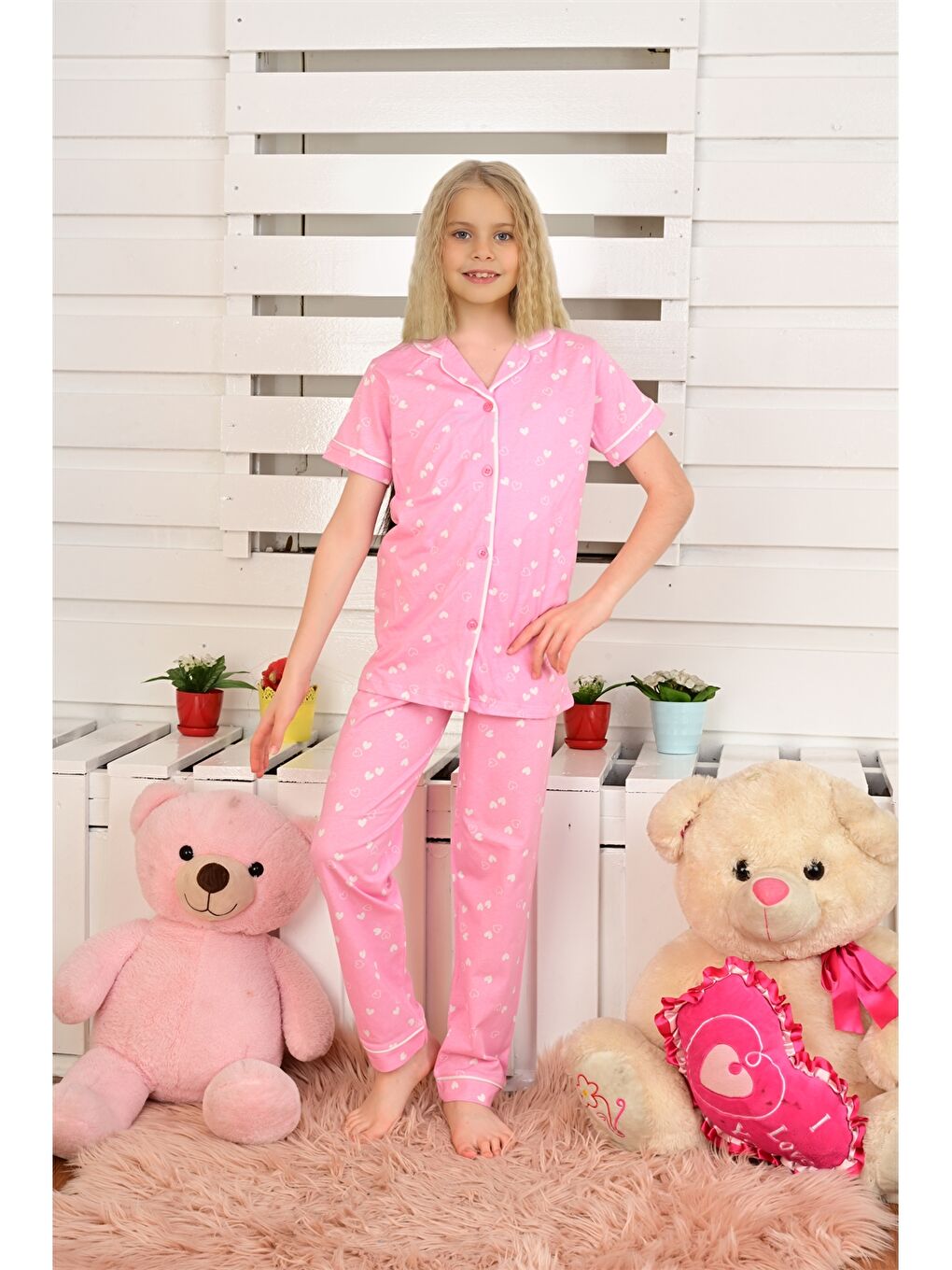 Pembe Gömlek Yaka Kısa Kollu Kız Çocuk Pijama Takımı