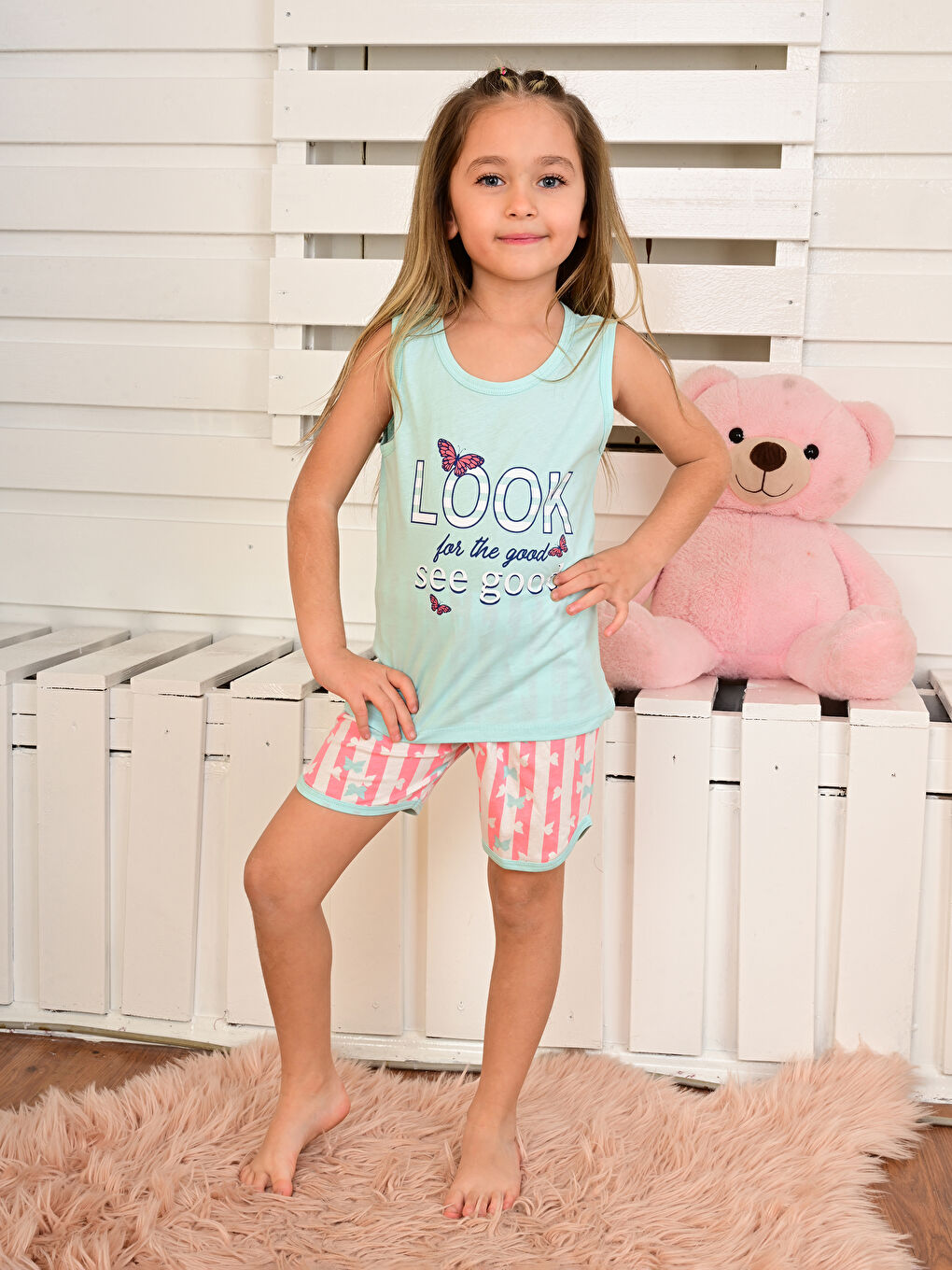 Mavi Bisiklet Yaka Baskılı Kız Çocuk Şortlu Pijama Takımı