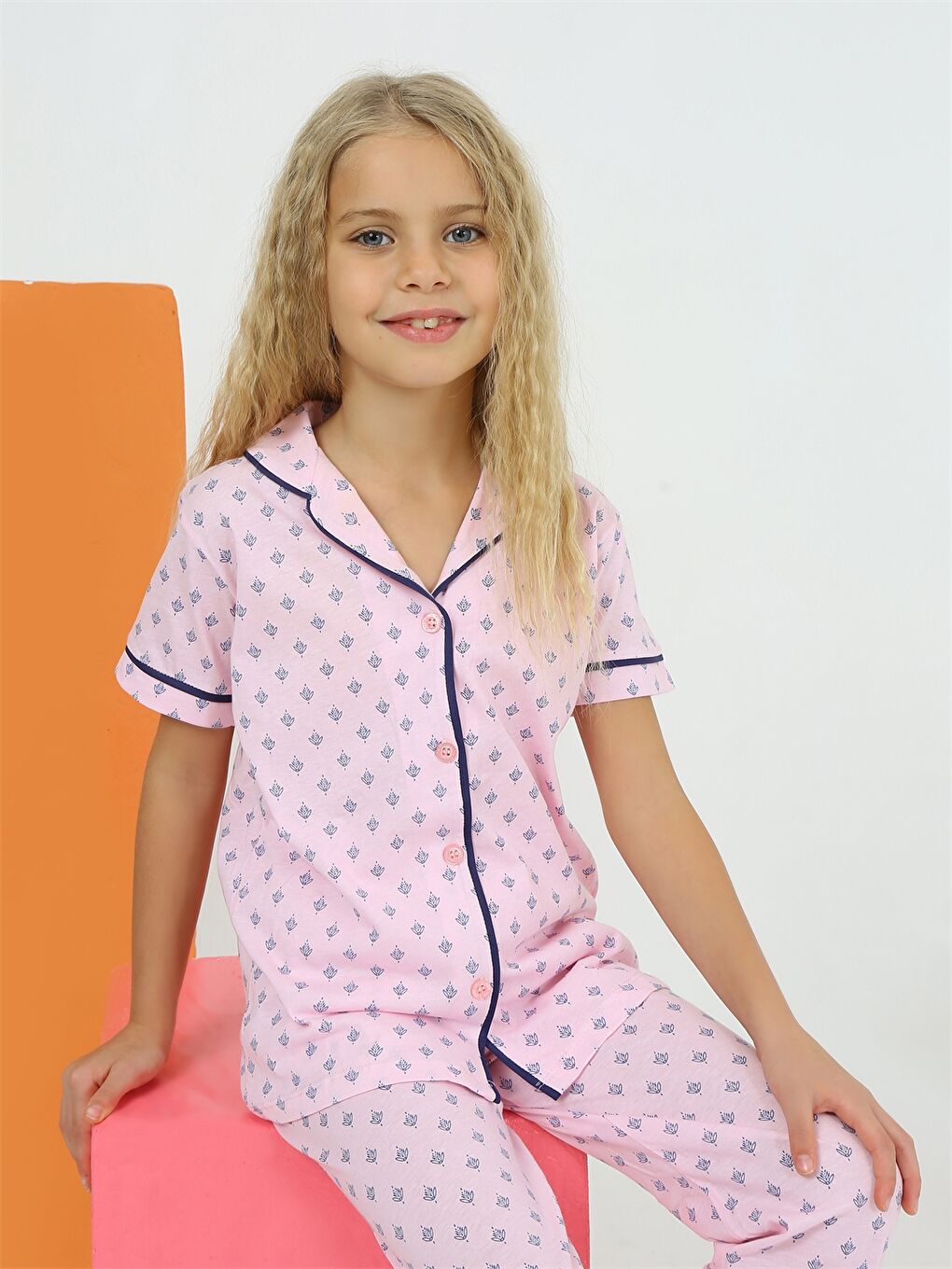 Pembe Gömlek Yaka Kısa Kollu Kız Çocuk Pijama Takımı