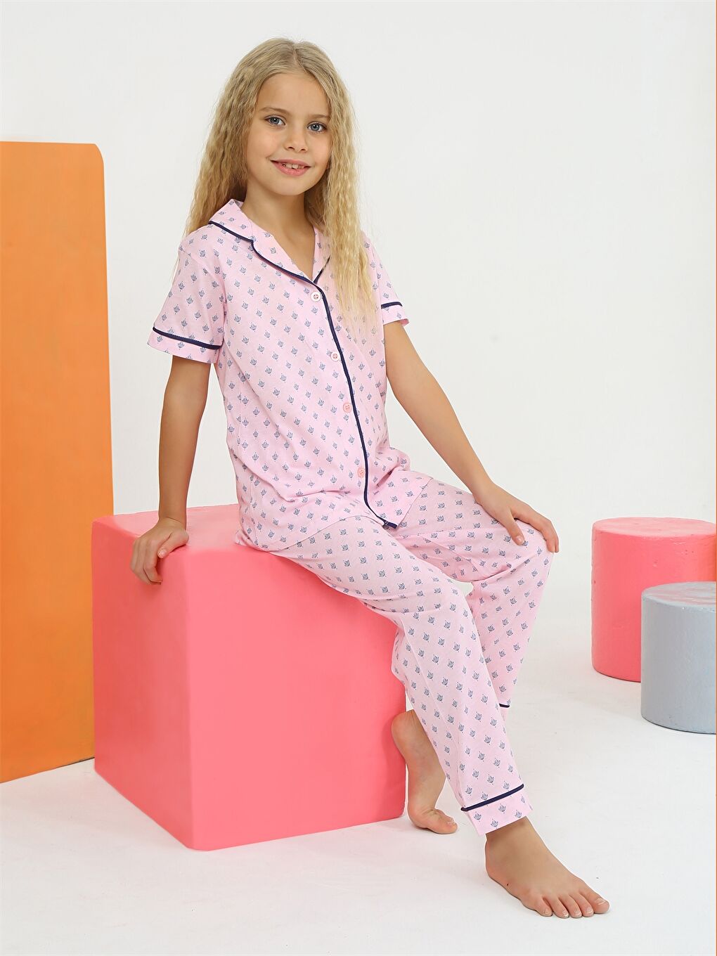 Pembe Gömlek Yaka Kısa Kollu Kız Çocuk Pijama Takımı-1