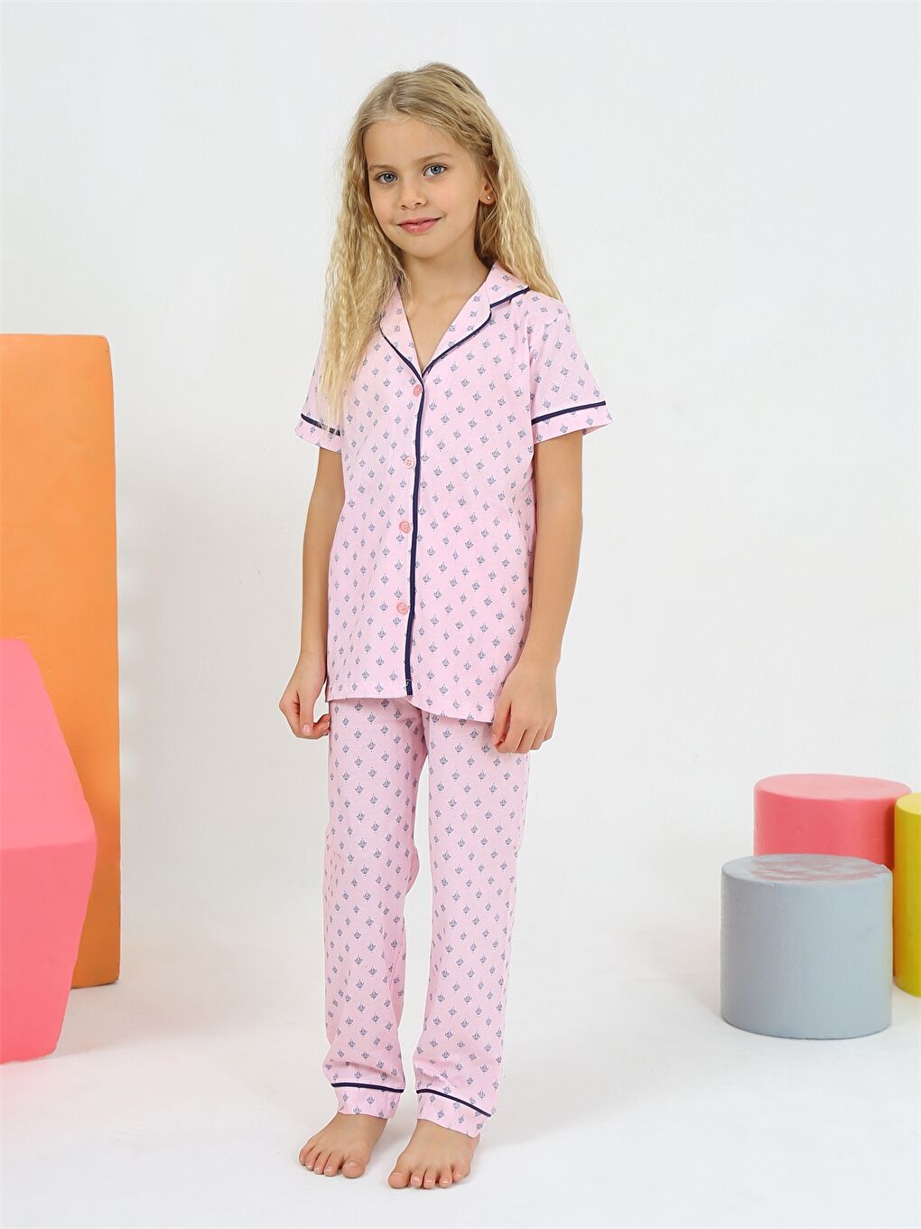 Pembe Gömlek Yaka Kısa Kollu Kız Çocuk Pijama Takımı-2