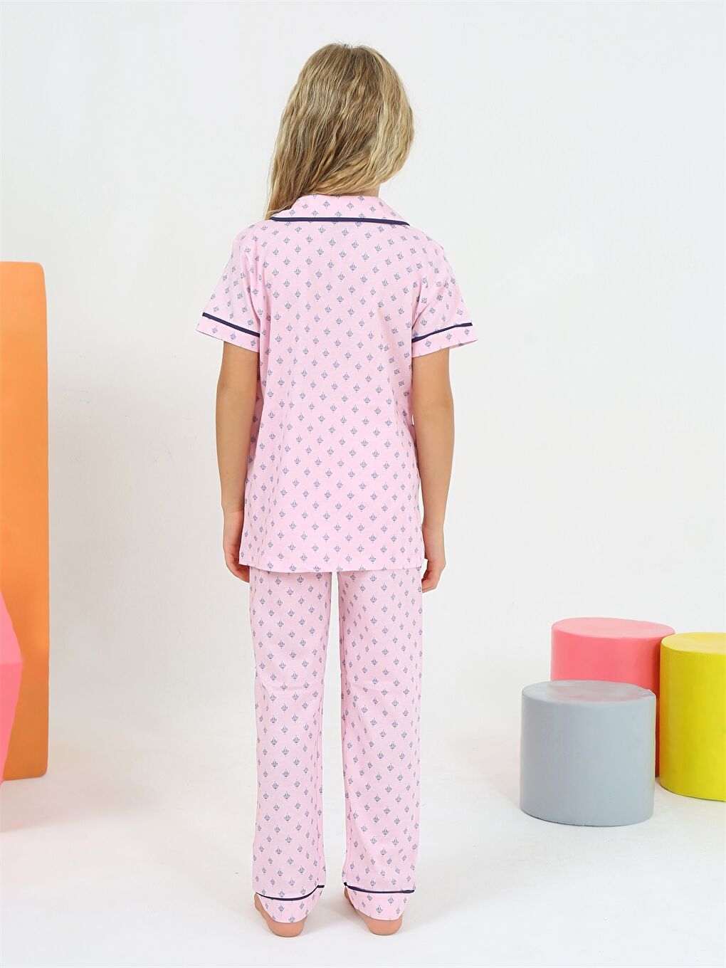 Pembe Gömlek Yaka Kısa Kollu Kız Çocuk Pijama Takımı-3
