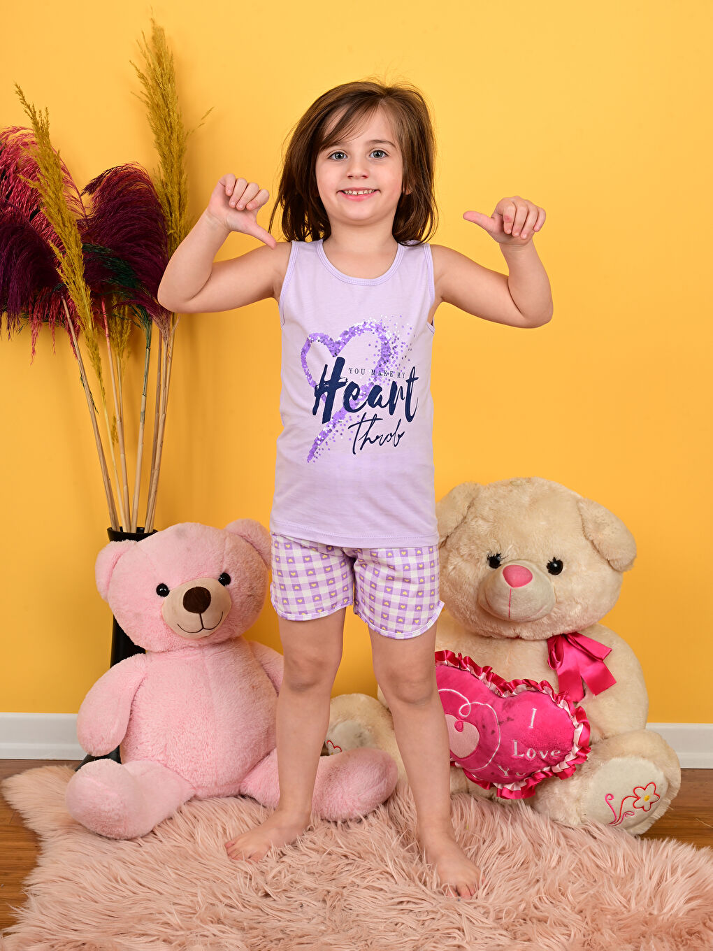 Lila Bisiklet Yaka Baskılı Kız Çocuk Şortlu Pijama Takımı