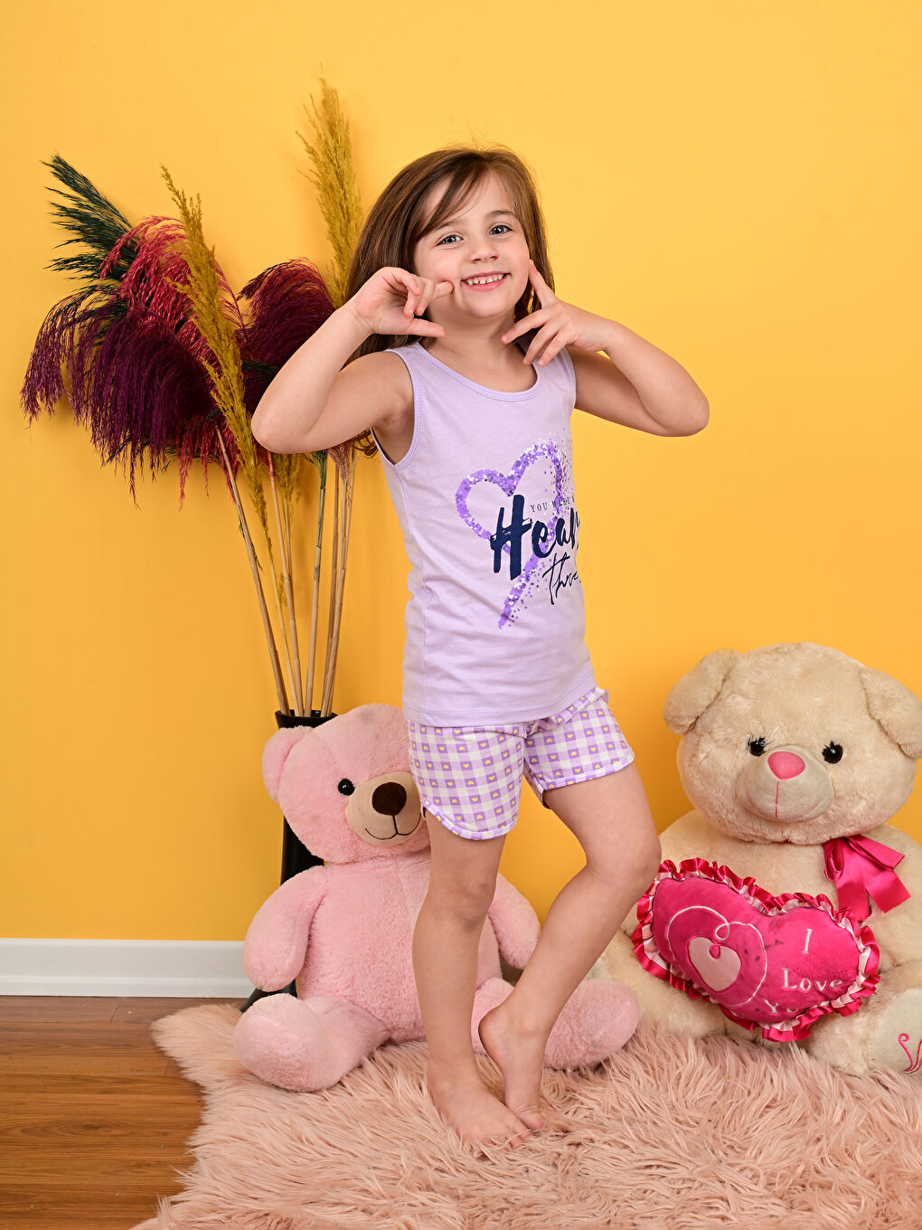 Lila Bisiklet Yaka Baskılı Kız Çocuk Şortlu Pijama Takımı-1