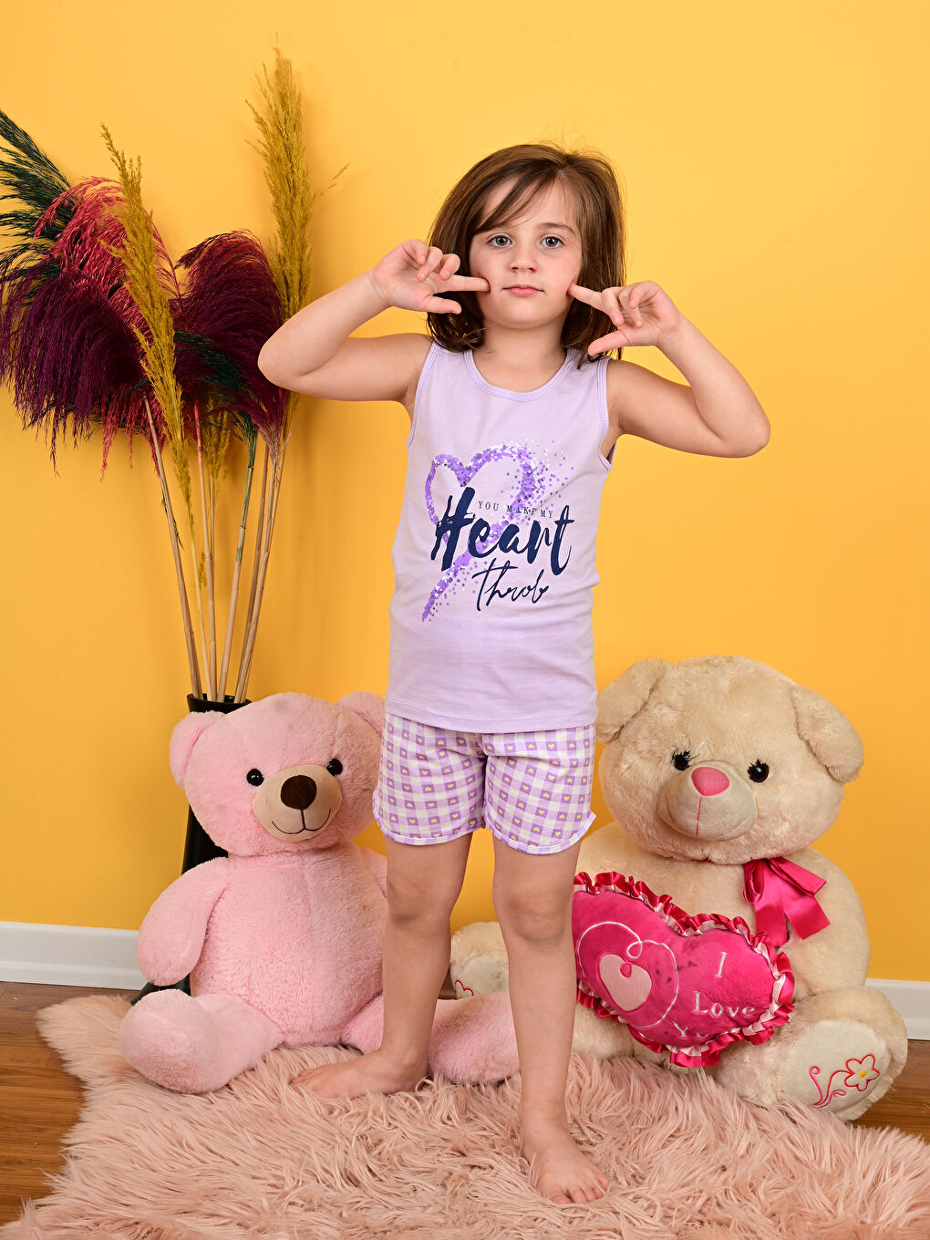 Lila Bisiklet Yaka Baskılı Kız Çocuk Şortlu Pijama Takımı-2